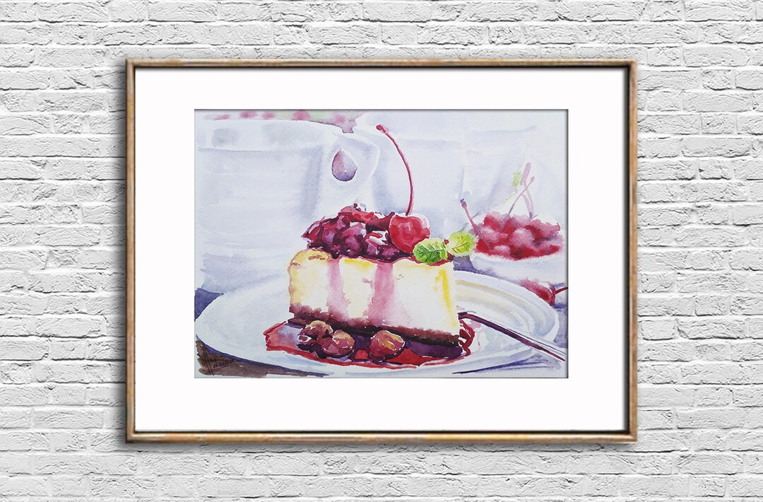 Cheesecake Watercolor Painting Cherry Cake Original Art Dessert Still ...