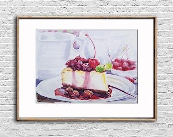 Cheesecake watercolor painting Cherry cake original art Dessert still life wall art Food artwork Kitchen restaurant cafe decor gift to mom