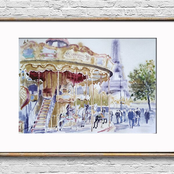 Paris carousel watercolor painting Original france wall art Cityscape artwork Home room decor Anniversary gift