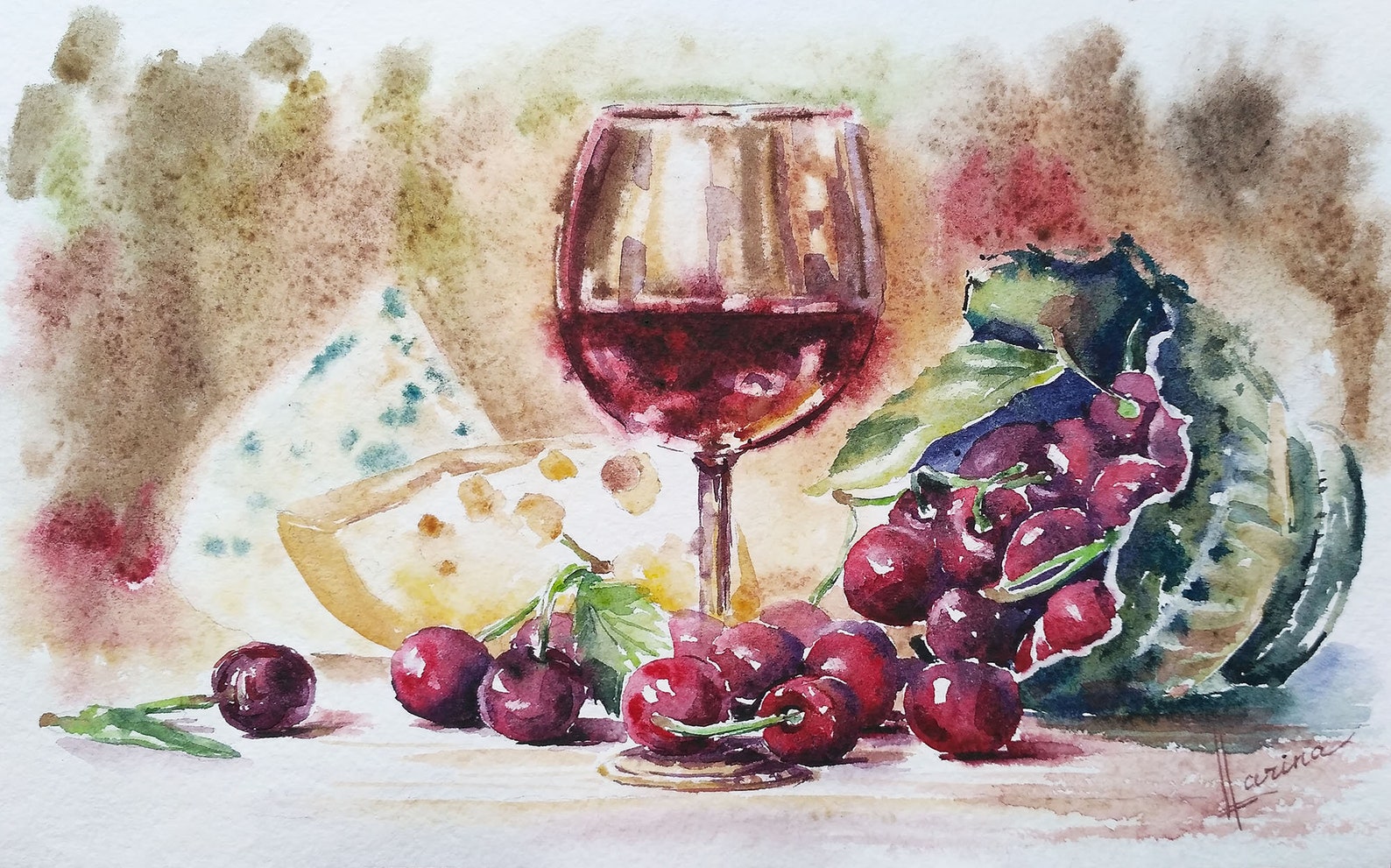 Kirschen Gemälde Glas Wein Aquarell Stillleben original Käse | Etsy