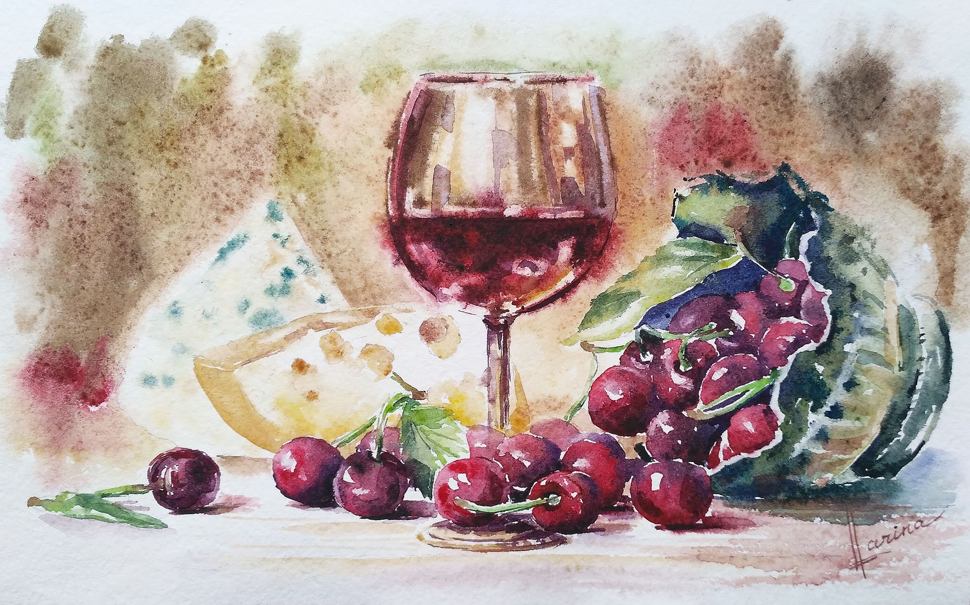 Kirschen Gemälde Glas Wein Aquarell Stillleben original Käse | Etsy