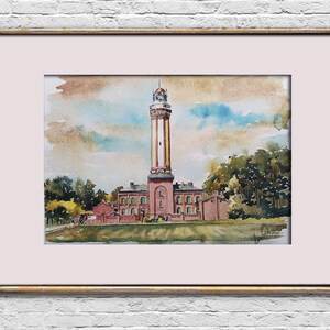 Dipinto ad acquerello di un vecchio faro, originale retrò, paesaggio, arte murale, opera d'arte architettonica, decorazione d'interni, regalo di inaugurazione della casa per i genitori