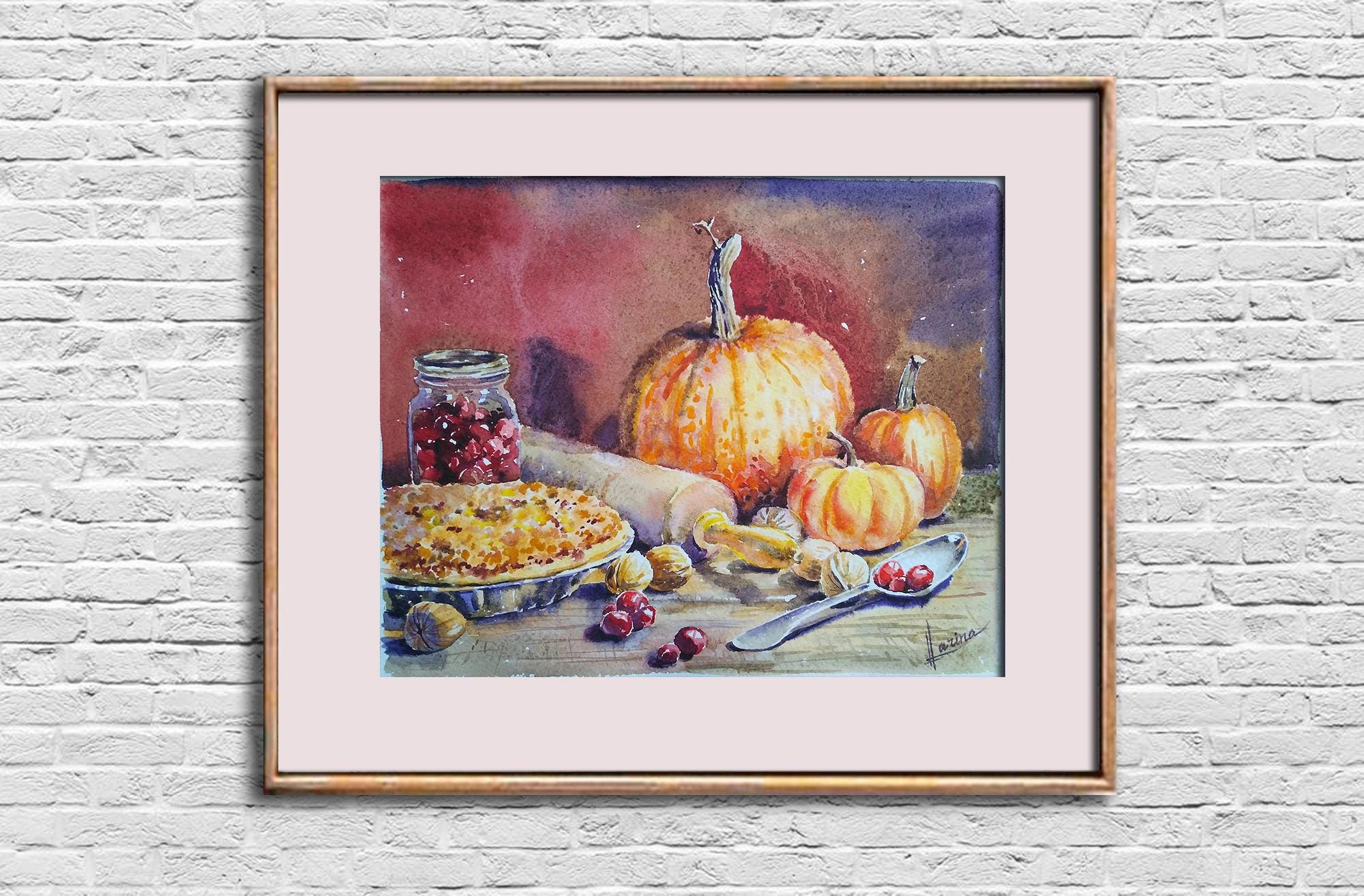 Food pie watercolor painting Cooking original art Baking still life wall art Pumpkin artwork Restaurant cafe art Kitchen gift for mom