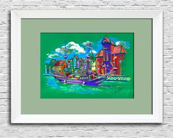 Polen Schiff original Gouache Malerei, Europa Stadtansicht Wandkunst, Danzig Hafen Wohnzimmer Dekor