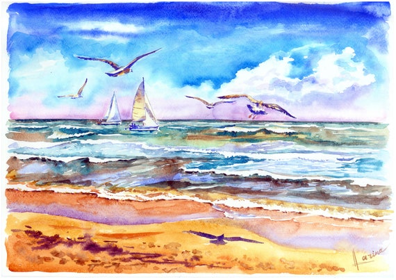 Seascape Sailboat Watercolor Painting Ocean Sun Beach Coast Marine Original Colorful Picture Interior Wall Art Gift Decor