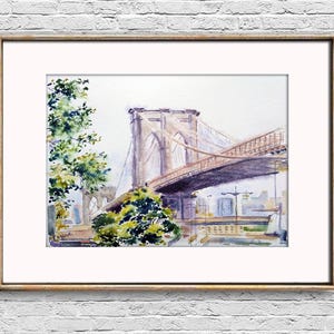 Brooklyn bridge watercolor painting New york city original Cityscape wall art Urban artwork America decor Anniversary gift
