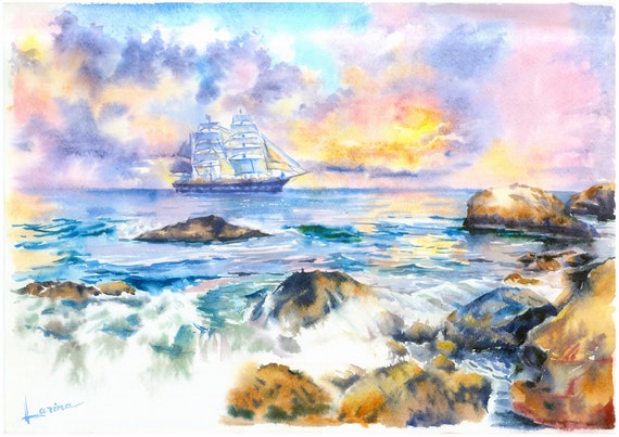 Sunset Seascape Watercolor Painting Sea Sailboat Coast Marine Nautical Original Colorful Picture Interior Wall Art Gift Decor