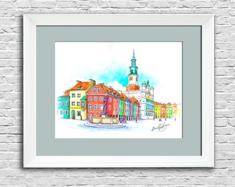 Alte Architektur Aquarellmalerei Europa Originalkunst Stadtbild Wandkunst Polen Stadt Straßenkunstwerk Geschenk für Eltern