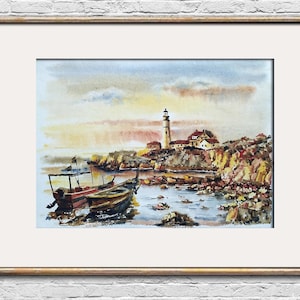 Acquerello dipinto a mano di Piccione della California, faro originale, barche costiere, arte murale, paesaggio marino, paesaggio costiero, regalo nautico per papà