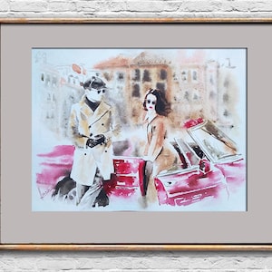 Uomo e donna dipinto ad acquerello Macchina rossa originale Paesaggio urbano retrò Arte murale Vecchia opera d'arte di strada Persone moderne Regalo di anniversario per il coniuge