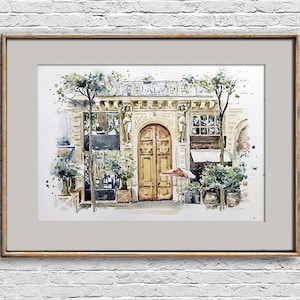 Classic architecture watercolor painting Old building original Architectural details wall art House Window Doors Columns artwork boss gift
