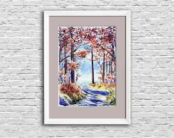 Aquarelle d'arbres, art original de route forestière, art mural de paysage de chemin, oeuvre d'art de la nature, décor de branches, cadeau pour patron