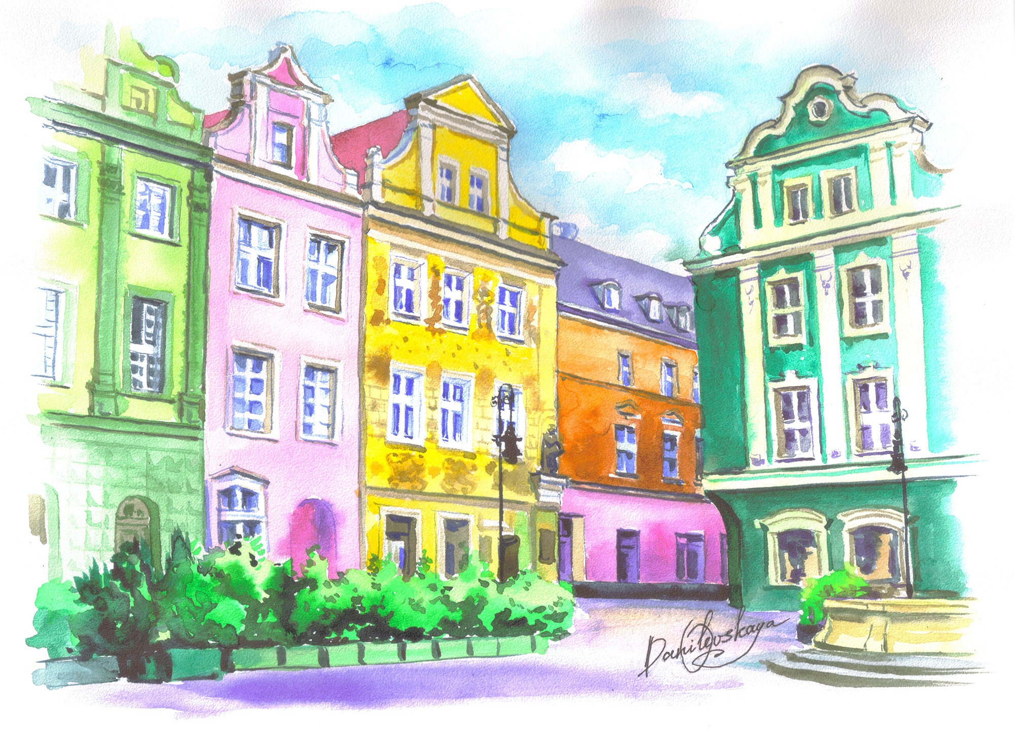Old Street Painting Europe Watercolor Building Original Etsy