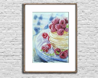 Pancake watercolor painting Raspberry original art Dessert wall art Breakfast artwork Kitchen cafe restaurant decor gift