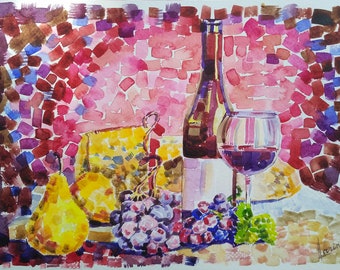 Wine Watercolor Painting Fruit Still Life Original Art Cheese Food & Drink Wall Art Kitchen Artwork Restaurant Cafe Home Decor Gift
