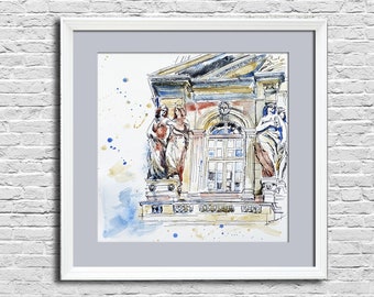 Architectural details sketch Classic architecture watercolor painting Building original art Columns wall art Window artwork Mom gift