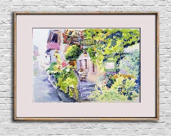 Street cafe watercolor painting Old house original Building wall art Town artwork living room decor