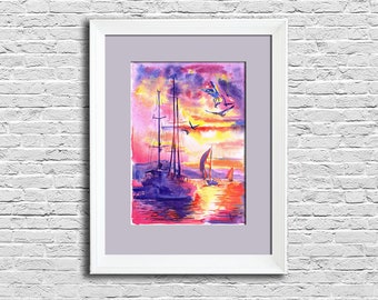 Barca a vela yacht pittura ad acquerello Arte originale tramonto oceano Seascape Wall art Opere d'arte nautiche Regalo marino per papà