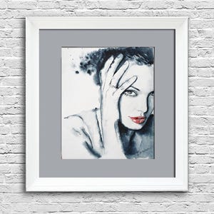 Pintura de acuarela de labios rojos Retrato de niña en blanco y negro Arte original Arte de pared de rostro de mujer Obra de arte femenina moderna Regalo