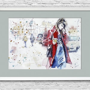 Lady in red sketch Business watercolor painting original Figure wall art Modern woman drawing artwork Street scene gift for sister