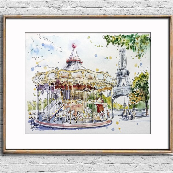 Paris carousel sketch France watercolor painting original art Eiffel tower wall art Cityscape artwork Room decor Birthday gift