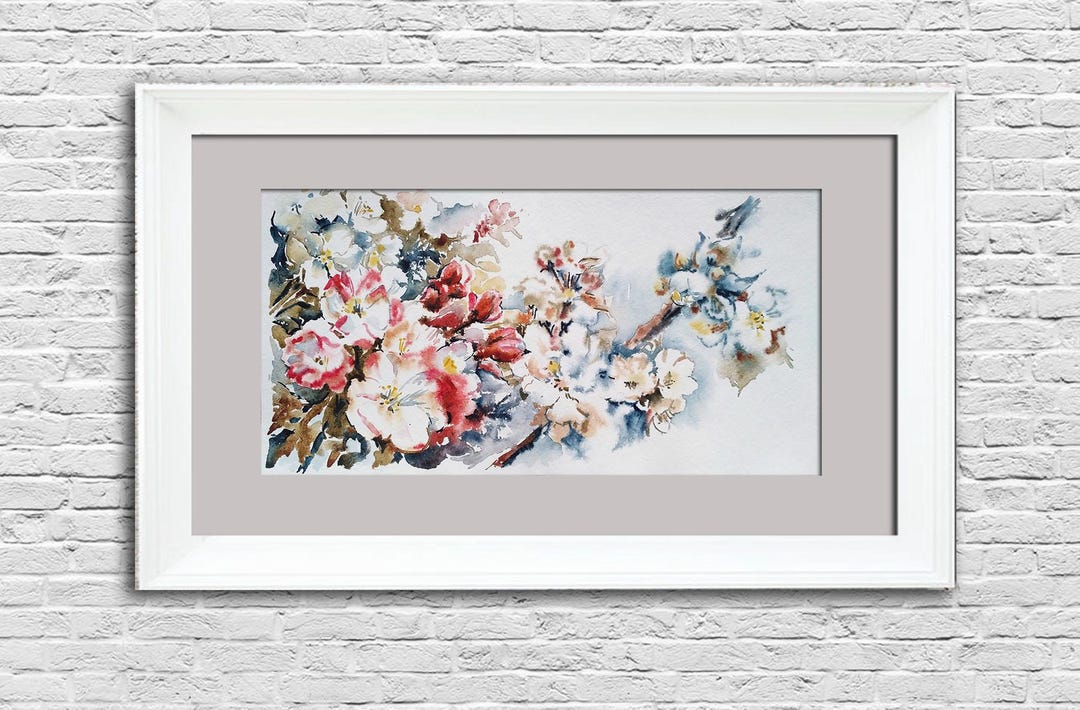 Blooming Apple Tree Watercolor Painting Original Flowers Wall Art Gray ...