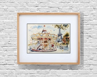 Paris carousel sketch France watercolor painting original art Eiffel tower wall art Cityscape artwork Room decor Birthday gift