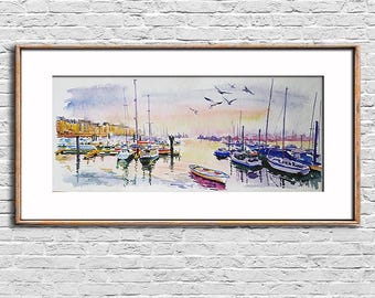 Yachts boats port watercolor painting Seascape original art Nautical wall art Cityscape artwork Harbor scenery Gift for dad