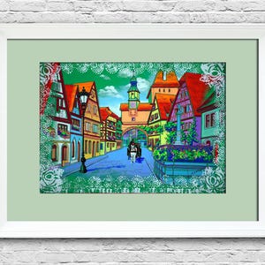 Germany old street gouache painting Original art Rothenburg architecture wall art Colorful cityscape artwork gift for boss