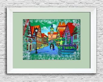 Germany old street gouache painting Original art Rothenburg architecture wall art Colorful cityscape artwork gift for boss