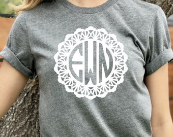Gray Circle Monogram T-Shirt | Circle Monogram Shirt | Grey Monogram Tee | Mandala Monogram Shirt | Boho Monogram Shirt | Doily Monogram