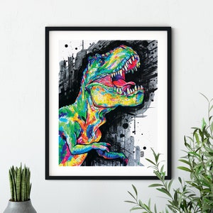 Colourful T-rex-| Art Print, Wall Decor, Dinosaur Painting, Neon