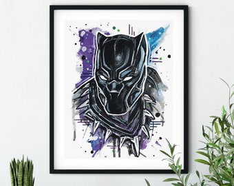 May include: Black Panther's face in a black and white illustration with a purple, blue, and green watercolor background.