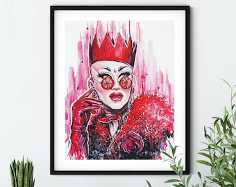 Puede incluir: Una pintura de acuarela de una persona que lleva una corona roja, un abrigo de piel roja y guantes rojos. La persona tiene la cara blanca y lleva gafas de sol rojas. El fondo es rosa y tiene un efecto de acuarela.