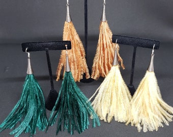 Ostrich Feather Tassel Earrings: Chrome, Handmade
