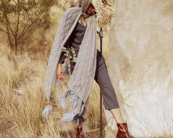 La Pluma Mohair Lace-Knit Shawl with Feather and Beads Trim