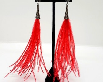 Genuine Ostrich Feather Tassel Earrings, with druzy gemstones, handmade, fair trade