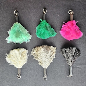 以下が含まれることがあります： 黒い革ひもに金色の金属リングが付いた、6種類の羽根のダスター。ダスターは、緑、ピンク、白、黒など、さまざまな色があります。