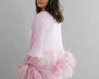Handcrafted Mohair Shawl with Ostrich Feathers