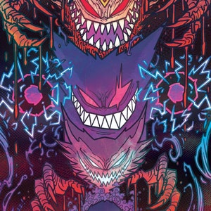 May include: A digital illustration of three purple and black monsters with sharp teeth and glowing eyes. The monsters are set against a dark background with red and blue accents.