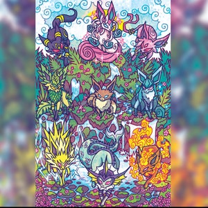 May include: A colorful illustration of nine Pokemon characters, including Eevee and its evolutions, set against a background of clouds, waterfalls, and flowers.