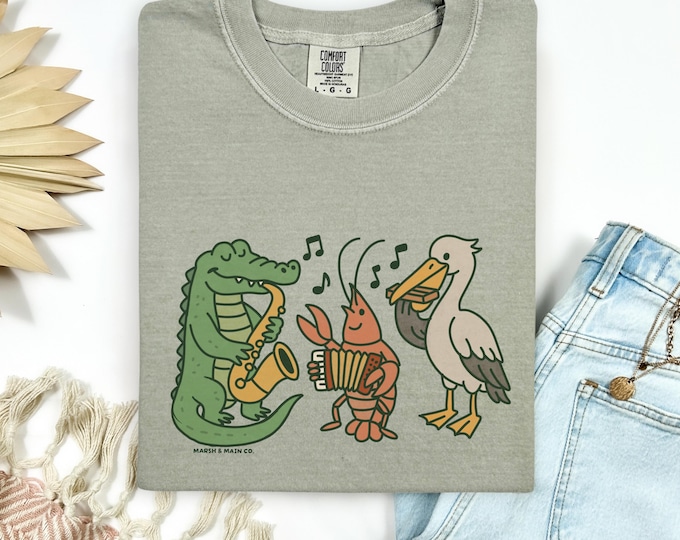 Featured listing image: Hand-Drawn Alligator, Crawfish & Pelican Band T-Shirt | Zydeco Music Illustration