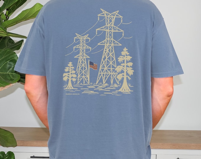 Featured listing image: Hand Drawn American Lineman Shirt | Southern Patriotic Utility Tee | Comfort Colors 1717