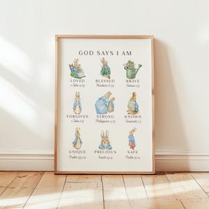 Decoración cristiana para habitación infantil de Peter Rabbit, Dios dice "Yo soy", arte de acuarela de conejo, descarga digital