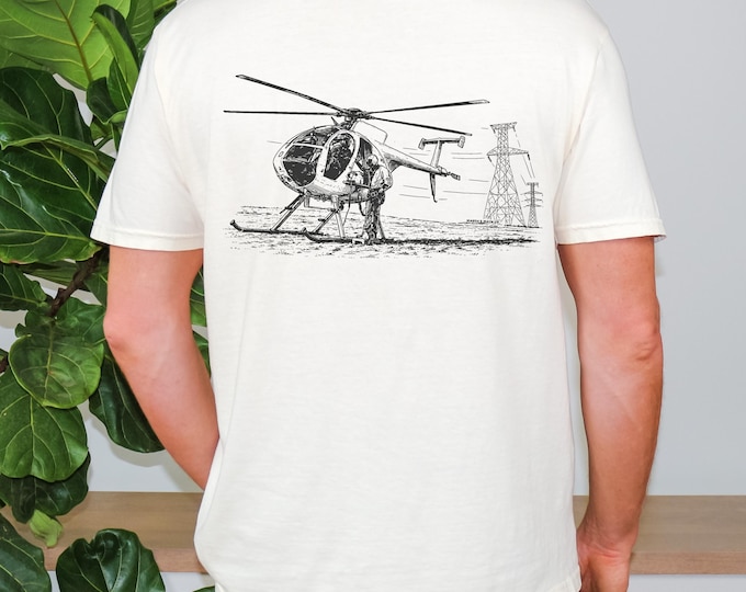 Featured listing image: Hand Drawn Helicopter Lineman Shirt | Aerial Powerline Tee | Comfort Colors 1717 | Graphic Shirt