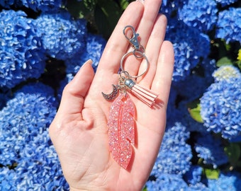 Sparkly Pink Glitter Feather and Crescent Moon Charm Clip and Tassel Boho Keychain Purse Charm