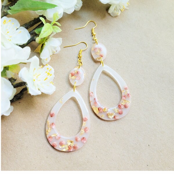 Floral Milk Bath Statement Earrings Gold Foil Flake and Blush Pink Dried Flower Milk Bath Open Teardrop Large Long Resin Dangle Earrings