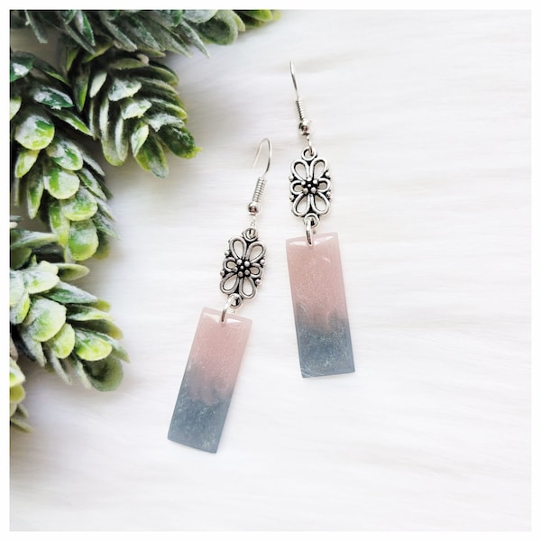 Soft Blush Pink and Silvery Slate Blue Pastel Shimmer Floral Color Block Resin Geometric Mini Rectangle Double Dangle Earrings