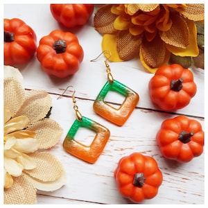 Halloween Resin Dangle Earrings: Shimmering Pumpkin Orange & Vine Green
