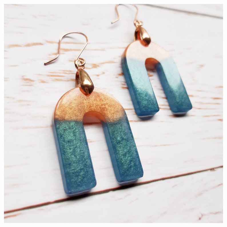 Peach Gold and Teal Blue Shimmering Two-Tone Color Block Geometric Resin Dangle Earrings